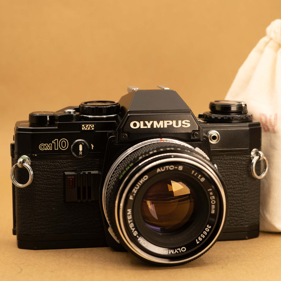 Black Olympus OM10 with Zuiko 50mm f/1.8 Lens 35mm Film Camera