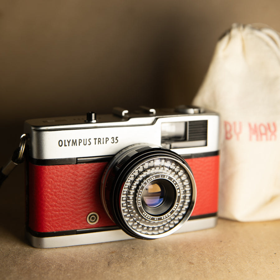Red Olympus Trip 35 35mm film camera for beginners