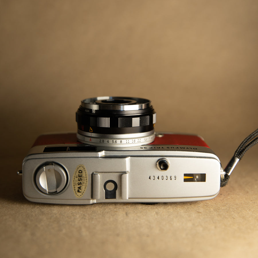 Red Olympus Trip 35 35mm film camera for beginners