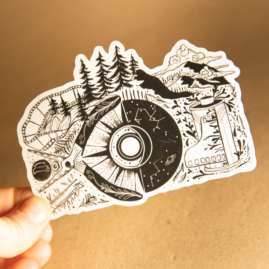 Adventure camera black and white transparent sticker