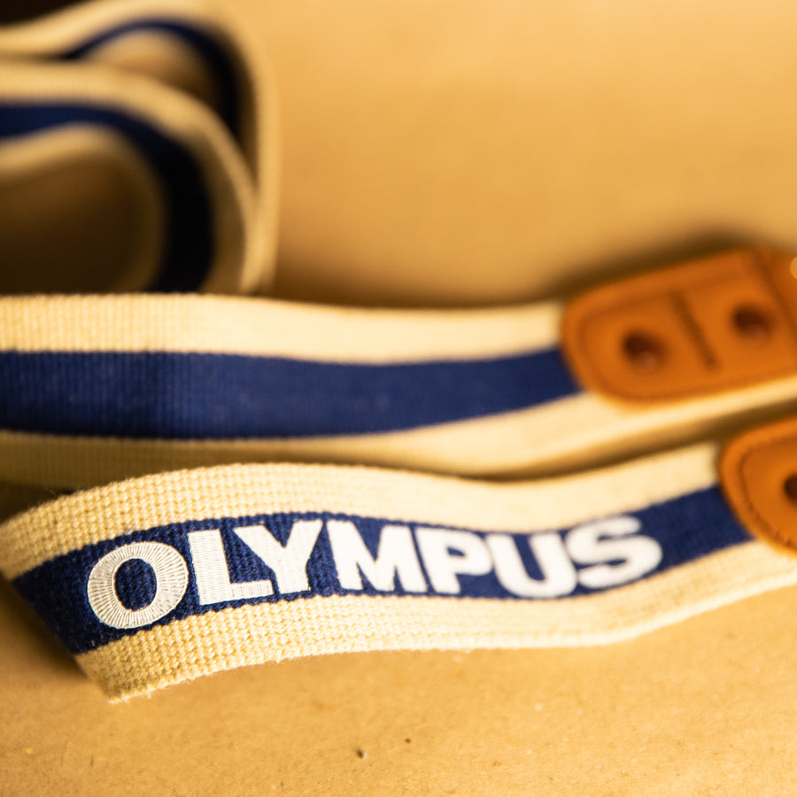 Vintage Olympus cream and blue nautical camera strap for 35mm film cameras
