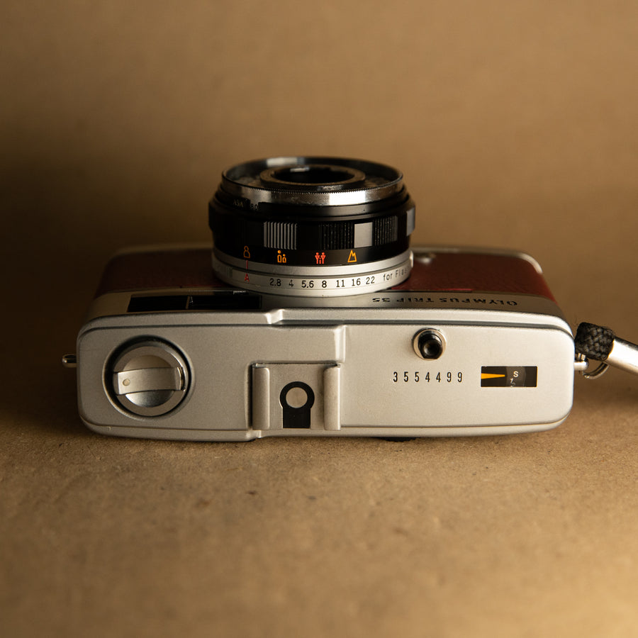 Burgundy Olympus Trip 35mm film camera with roll of film